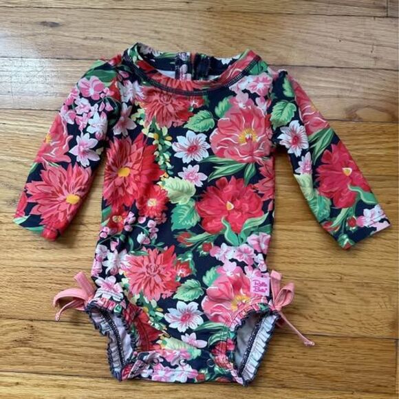 Rufflebutts Baby Girl 
UPF 50+ Sunset Garden Floral One Piece Rashguard Swimsuit - Picture 1 of 4